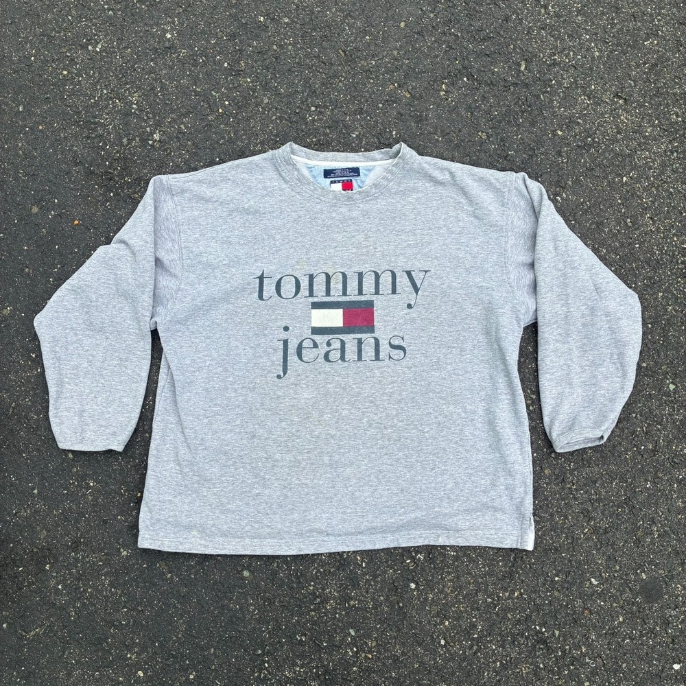 Vintage 90s Tommy Jeans Crewneck Sweatshirt Mens L Grey